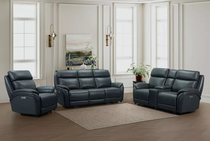 Corry Pretty G Dark Blue Leather Power Reclining Living Room Set with Power Lumbar and USB Charging