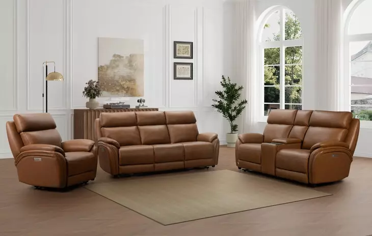 Corry Simon Saddle Leather Power Reclining Living Room Set with Power Lumbar and USB Charging