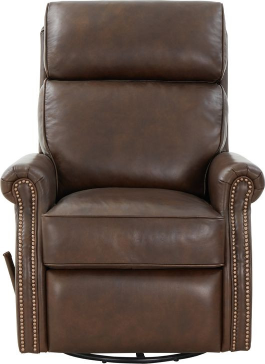 Crews Ashford Walnut Leather Swivel Glider Recliner with Nailhead Trim