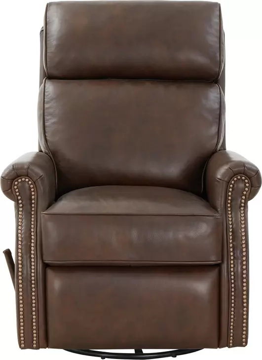 Crews Ashford Walnut Leather Swivel Glider Recliner with Nailhead Trim