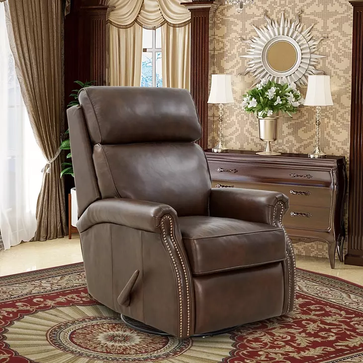 Crews Ashford Walnut Leather Swivel Glider Recliner with Nailhead Trim