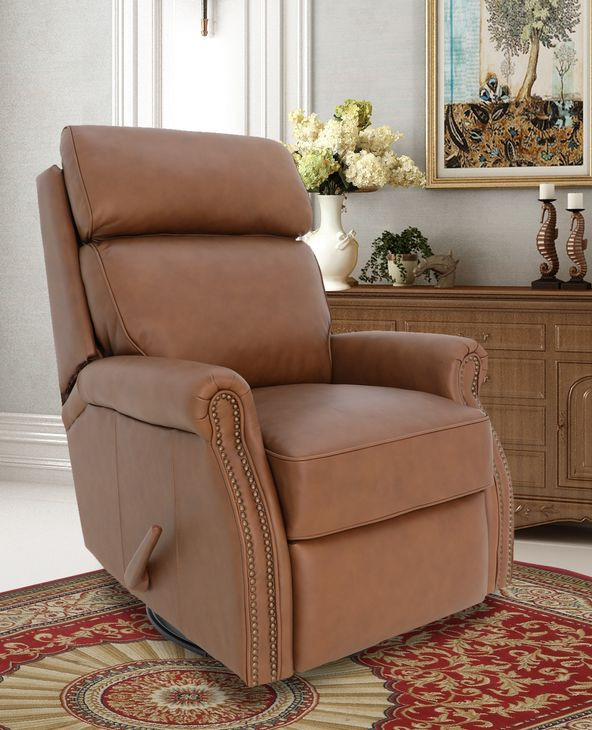 Crews Dobbs Saddle Leather Swivel Glider Recliner with Nailhead Trim