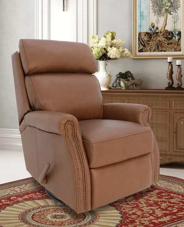 Crews Dobbs Saddle Leather Swivel Glider Recliner with Nailhead Trim