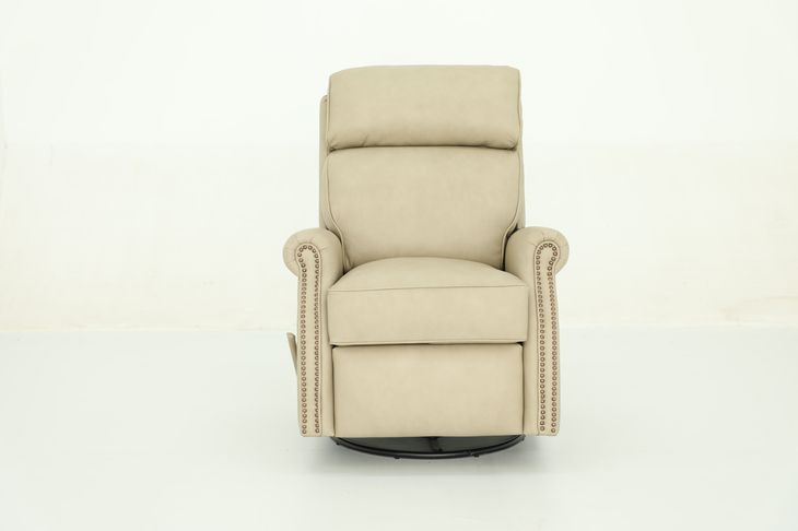 Crews Cashmere Stone Leather Swivel Glider Recliner with Nailhead Trim