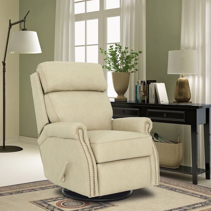Crews Cashmere Stone Leather Swivel Glider Recliner with Nailhead Trim