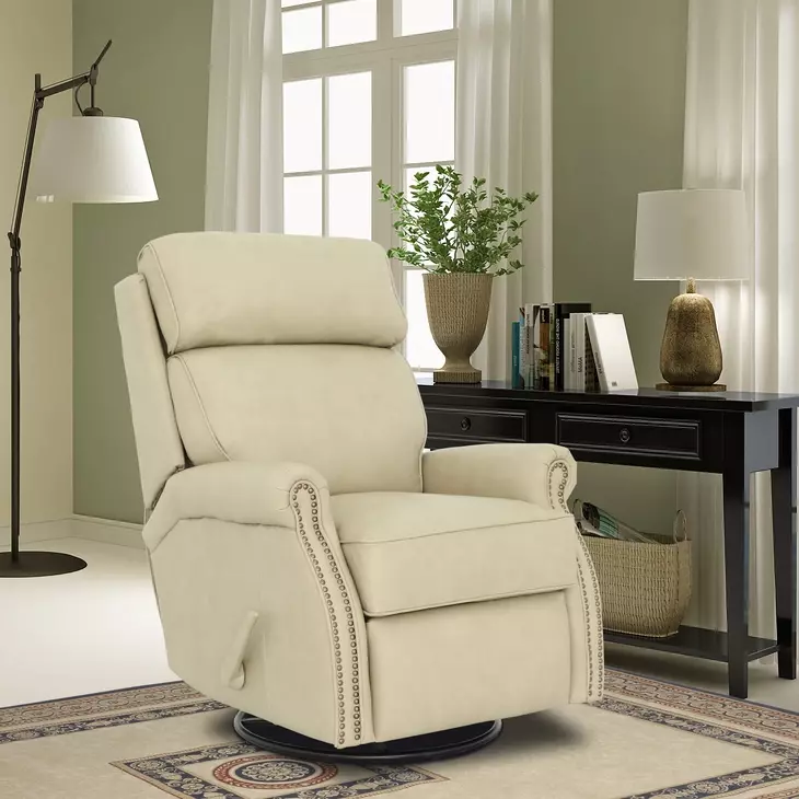 Crews Cashmere Stone Leather Swivel Glider Recliner with Nailhead Trim