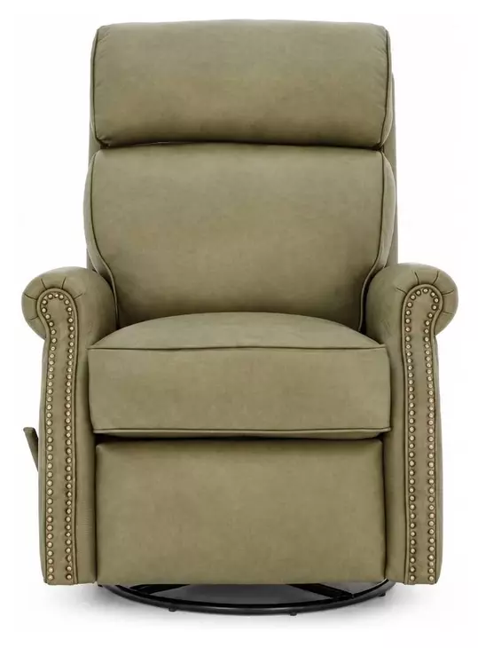 Crews Oasis Olive Leather Swivel Glider Recliner with Nailhead Trim