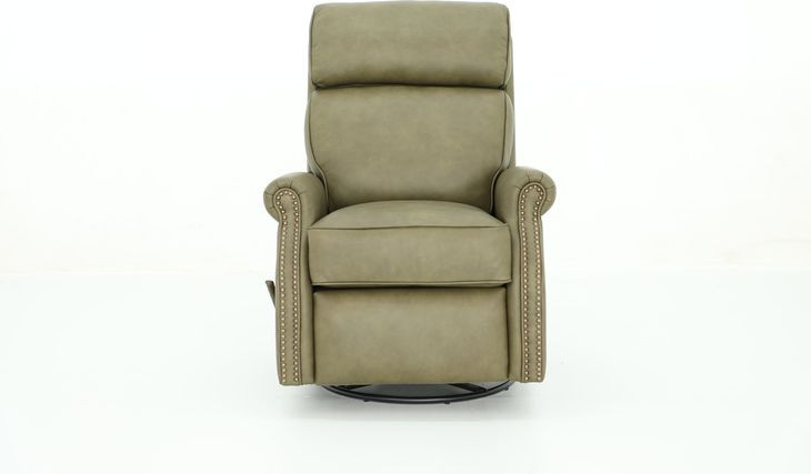 Crews Oasis Olive Leather Swivel Glider Recliner with Nailhead Trim