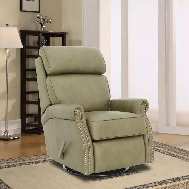 Crews Oasis Olive Leather Swivel Glider Recliner with Nailhead Trim