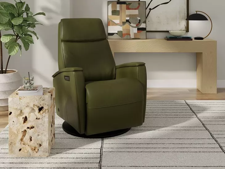 Relax Crown Martini Olive Leather Small Glider Power Recliner with Magnetic Charger