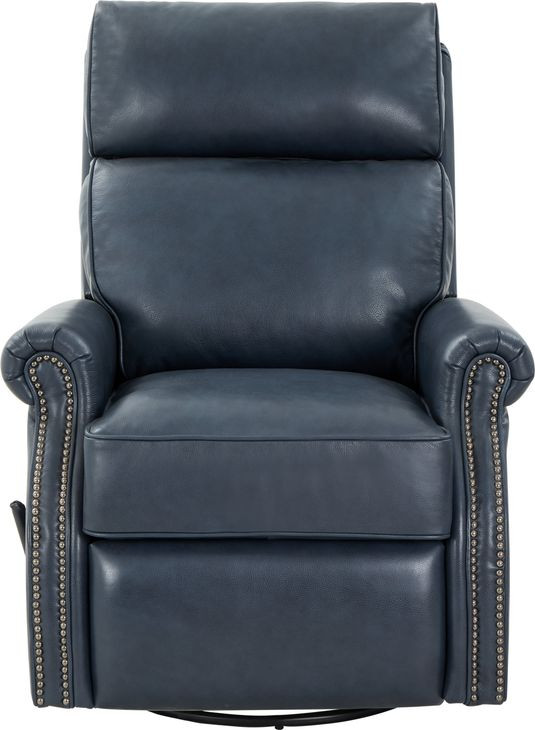 Crews Barone Navy Blue Leather Swivel Glider Recliner with Nailhead Trim