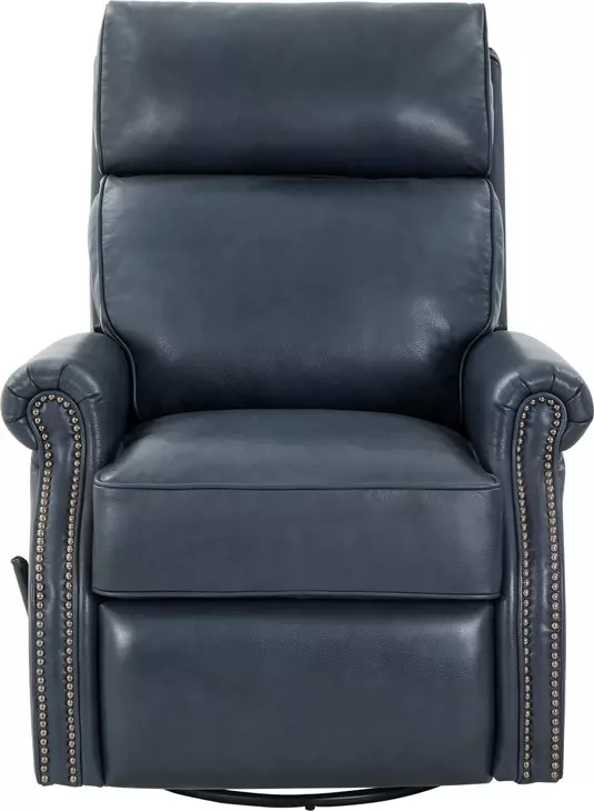 Crews Barone Navy Blue Leather Swivel Glider Recliner with Nailhead Trim