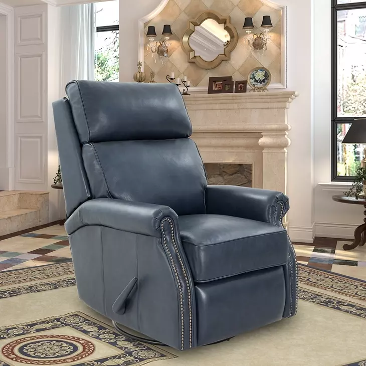 Crews Barone Navy Blue Leather Swivel Glider Recliner with Nailhead Trim