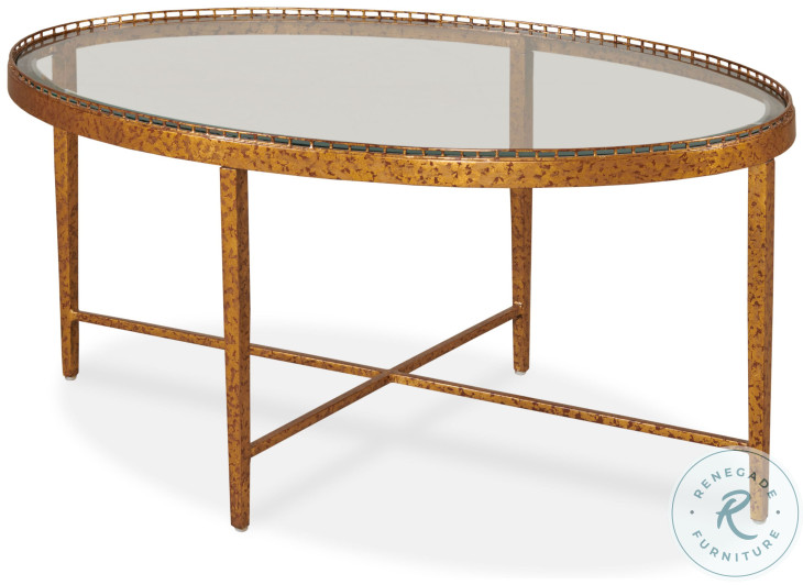 Logan Glass And Warm Gold Leaf Brass Oval Cocktail Table
