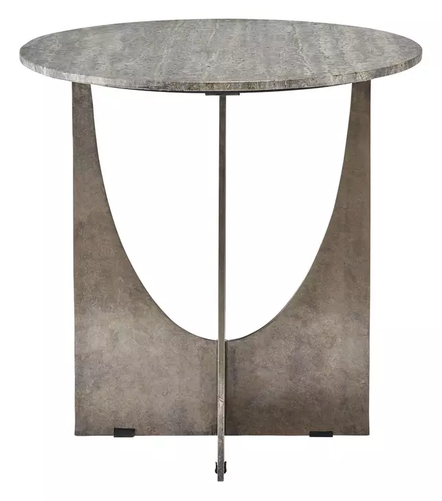 Curated Gray and Gold Round Travertine Top Op Art End Table