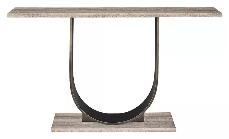 Curated Gray and Oil Rubbed Bronze Rectangular Travertine Top Equilibrium Console Table