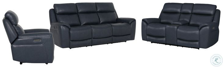 Sorellian Opulent Navy Leather Power Reclining Living Room Set