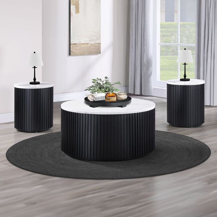 Colvin Black and White Round Marble Top Ocassional Table with Casters