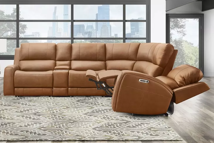 Belmont Lyric Caramel Leather 6 Piece Modular Zero Gravity Power Reclining Sectional with USB Charging