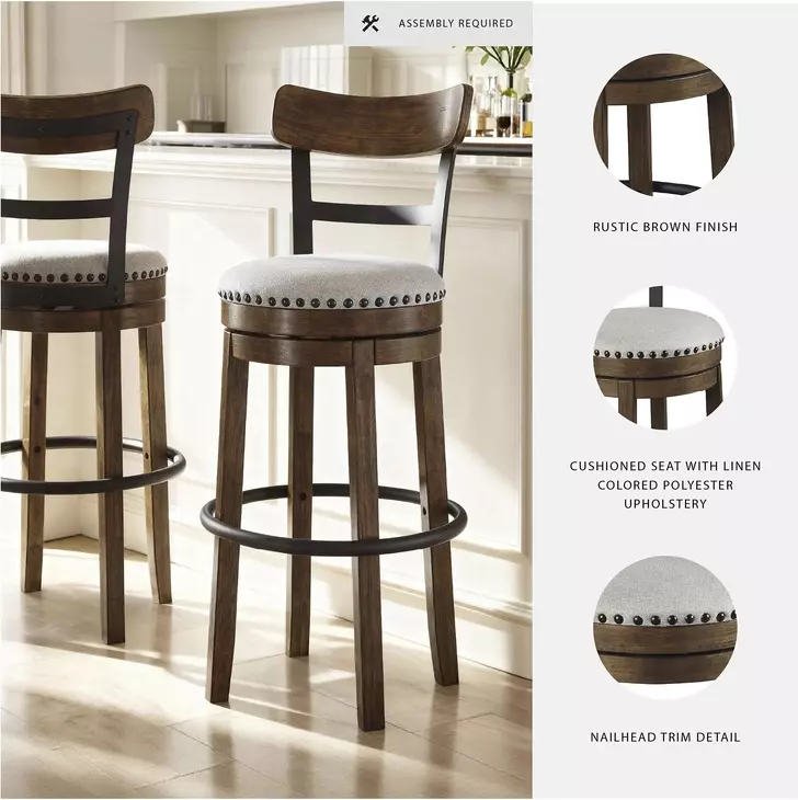 Valebeck Brown Tall Upholstered Swivel Bar Stool