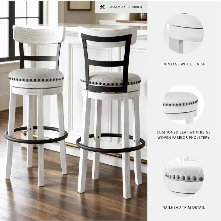 Valebeck White Tall Upholstered Swivel Bar Stool