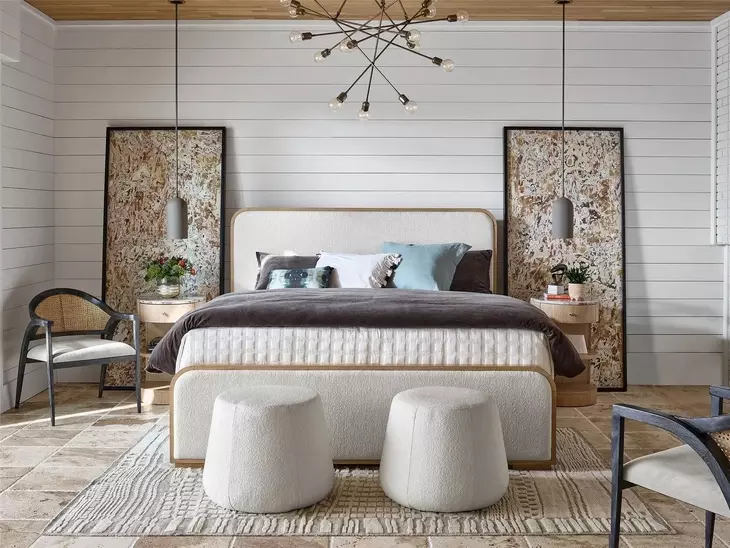 Voyage Ivory and White Oak Queen Upholstered Panel Bed