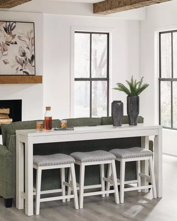 Robbinsdale Antique White and Light Gray Upholstered 4 Piece Counter Height Dining Set with USB Charging and Nailhead Trim