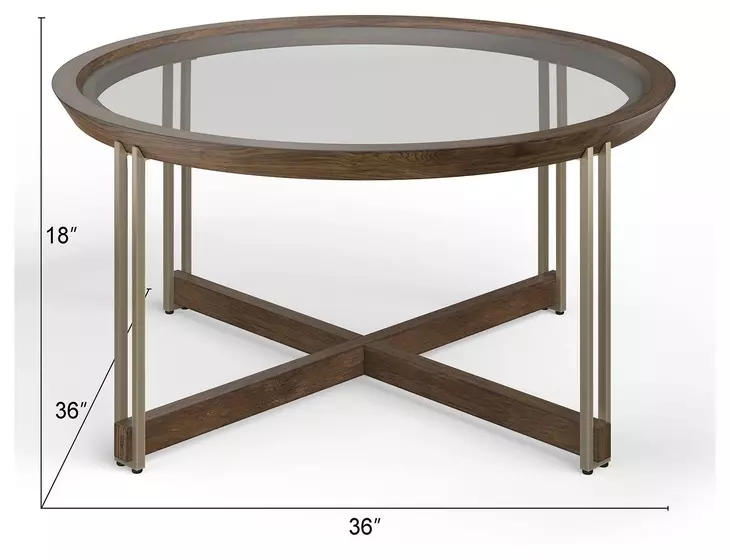 Kingsmere Walnut and Tarnished Silver Round Glass Top Cocktail Table