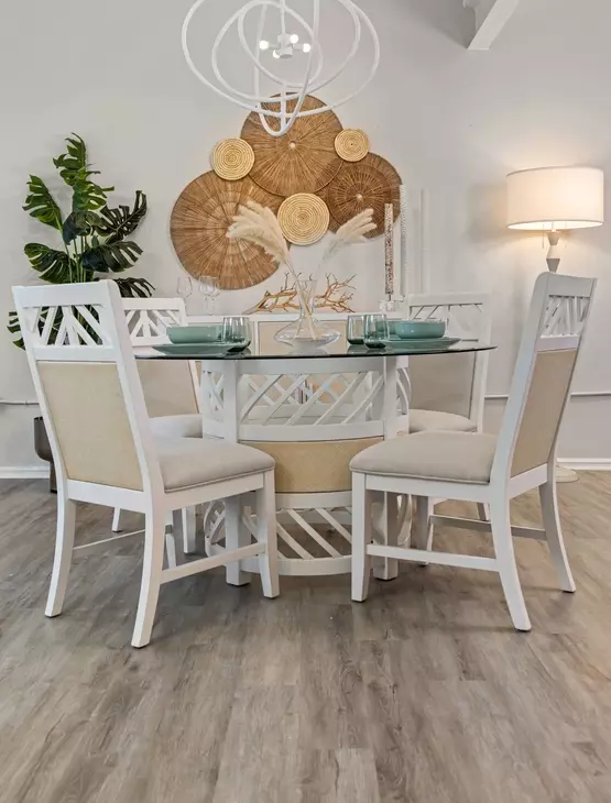 Miramar Sand and Stark White Round Glass Top Dining Room Set