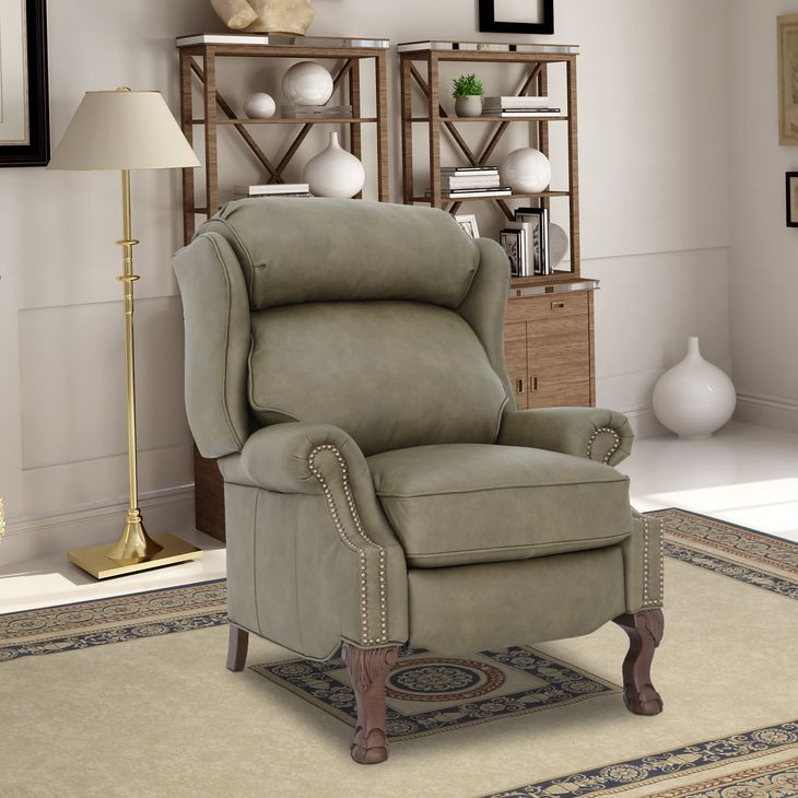 Danbury Oasis Olive Leather Push Thru The Arms Recliner with Nailhead Trim