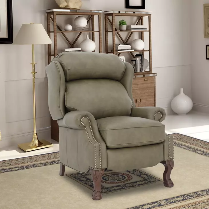 Danbury Oasis Olive Leather Push Thru The Arms Recliner with Nailhead Trim