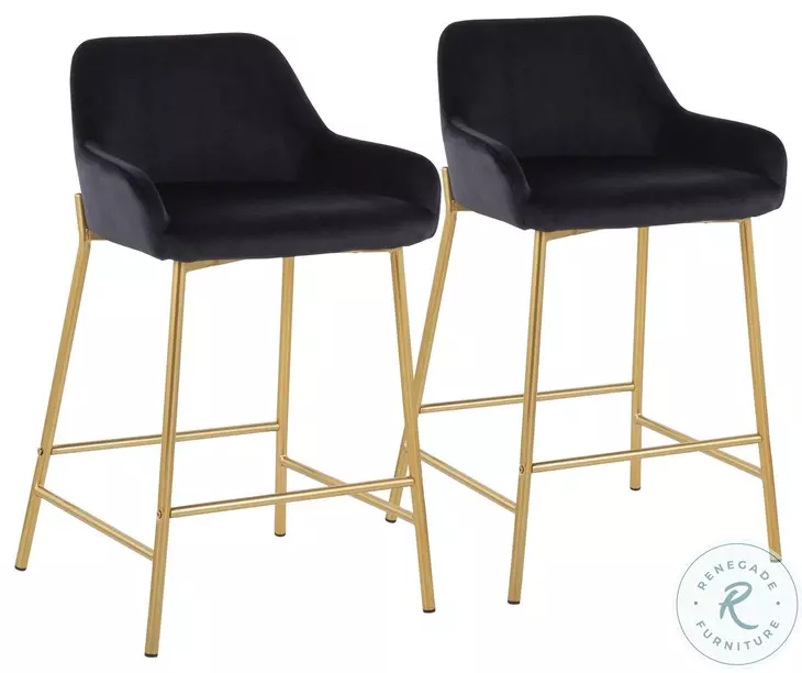 Daniella Black Velvet And Gold Metal Counter Height Stool Set of 2