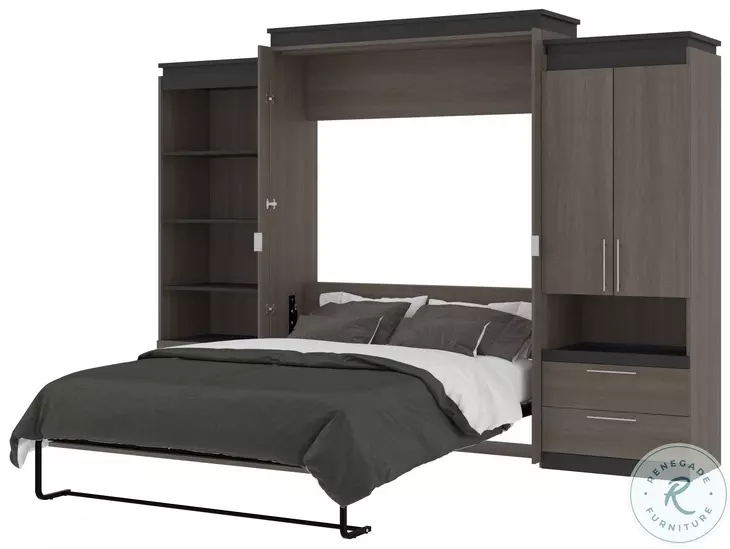 Orion Bark Gray And Graphite 124" Queen Murphy Bed And Multifunctional Storage With Drawers