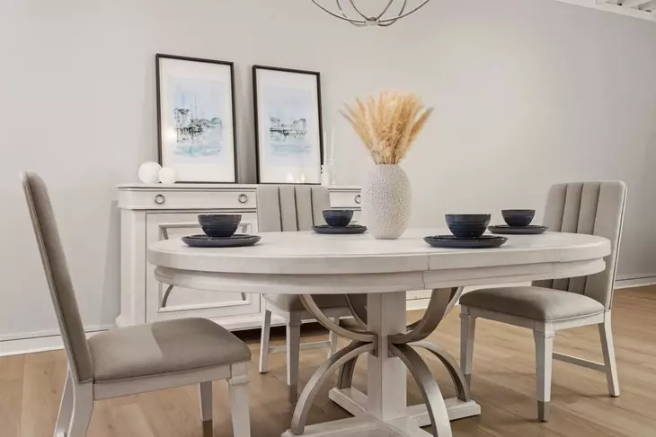 Point Breeze Fresh White and Soft Gray Glaze Extendable Oval Dining Room Set