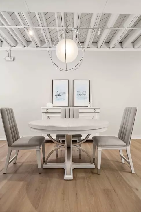 Point Breeze Fresh White and Soft Gray Glaze Extendable Oval Dining Room Set
