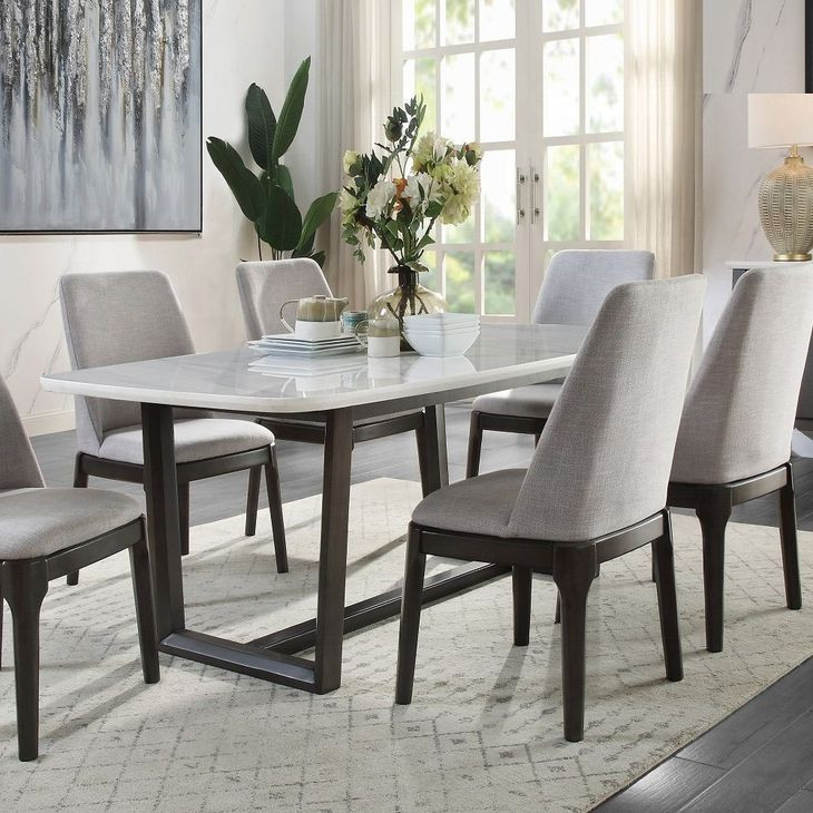 Madan White and Weathered Gray 72" Rectangular Marble Top Dining Table