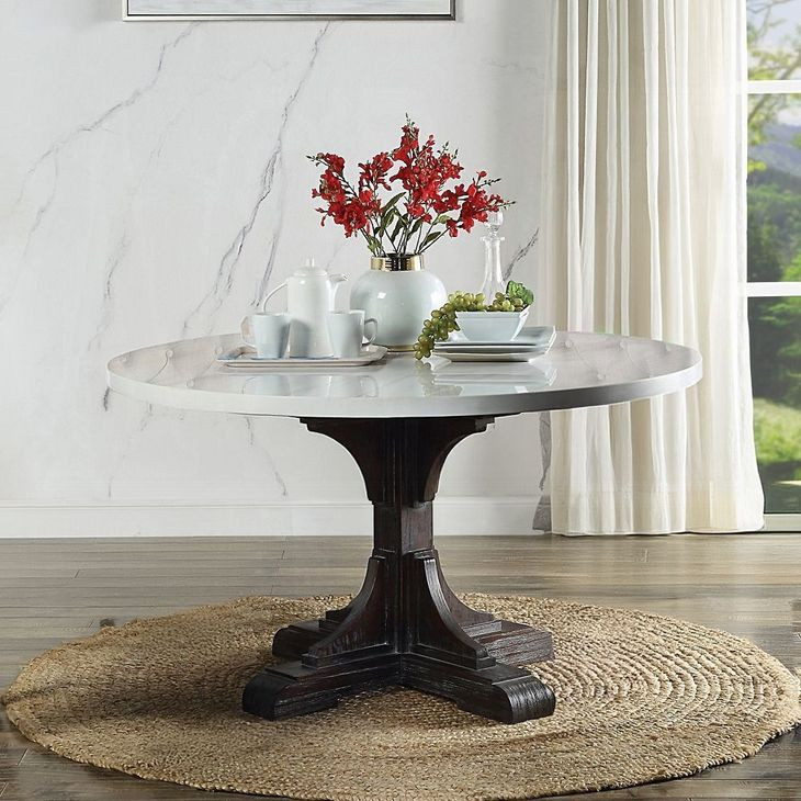 Gerardo White and Weathered Espresso Round Marble Top Dining Room Set