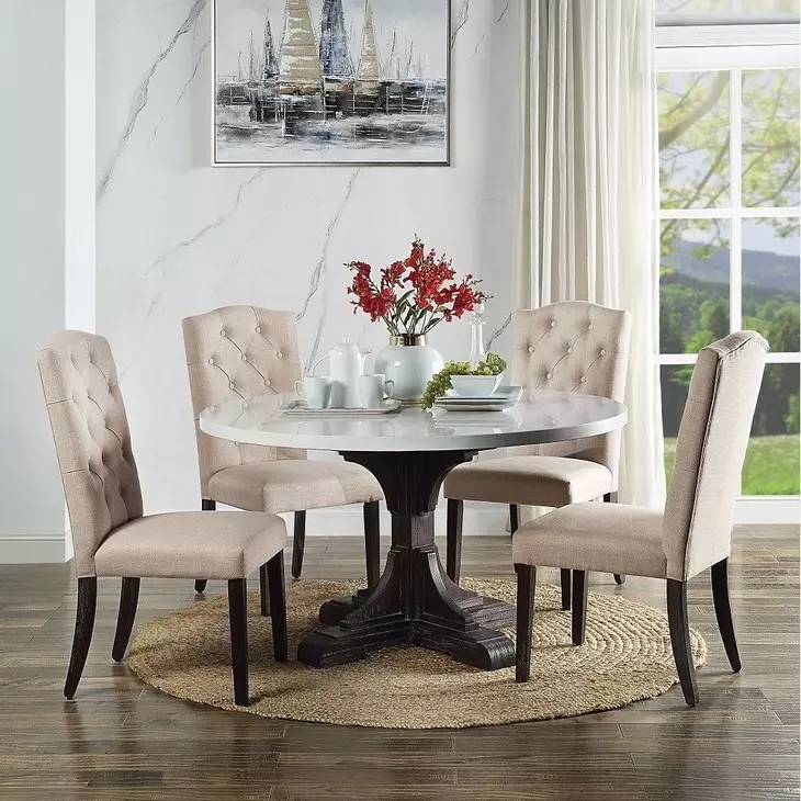 Gerardo White and Weathered Espresso Round Marble Top Dining Room Set