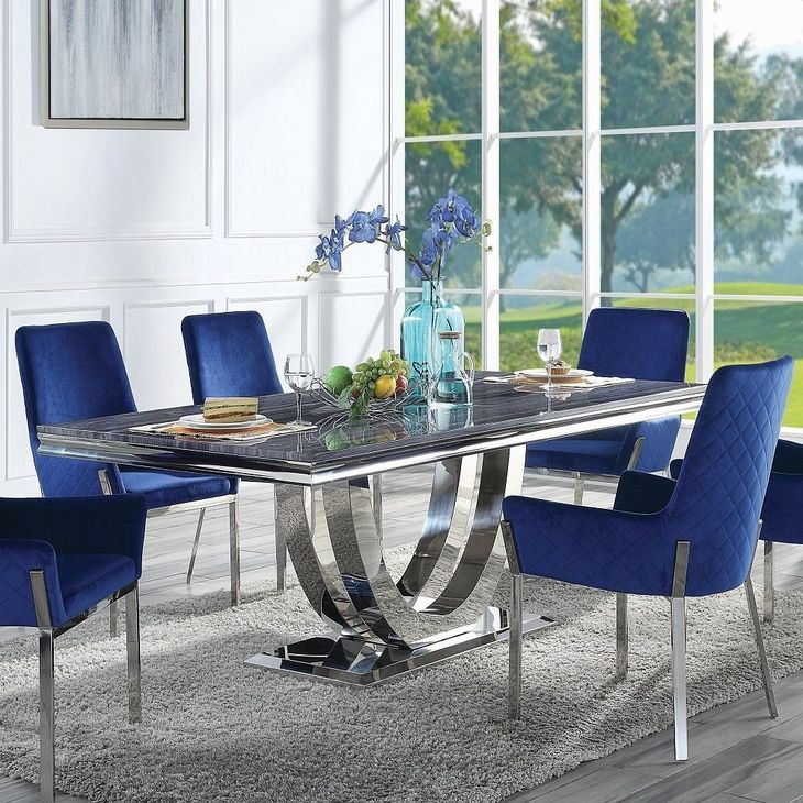 Cambrie Black and Silver Rectangular Marble Top Dining Room Set