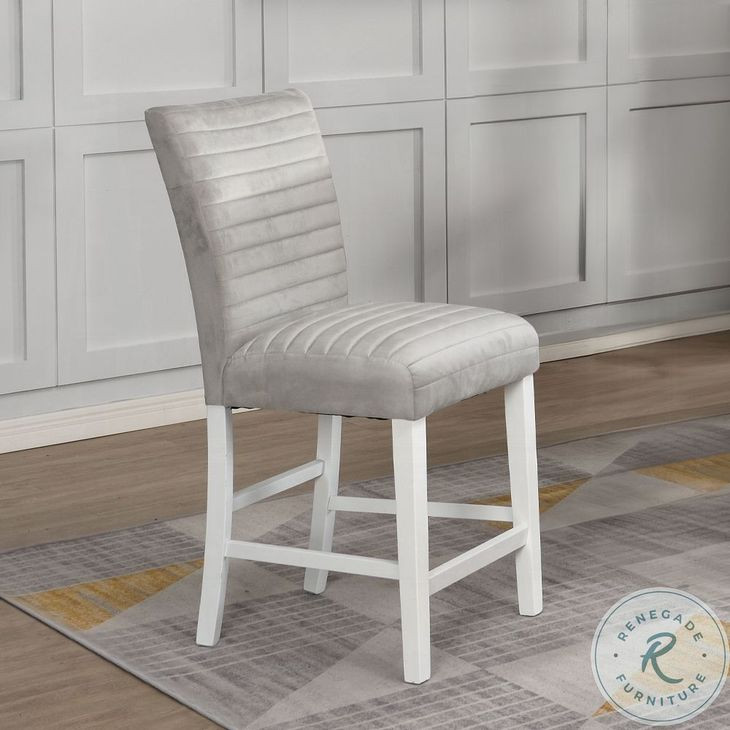 Elizaveta Gray Velvet Faux Crystal Diamonds and White High Gloss Counter Height Chair Set of 2