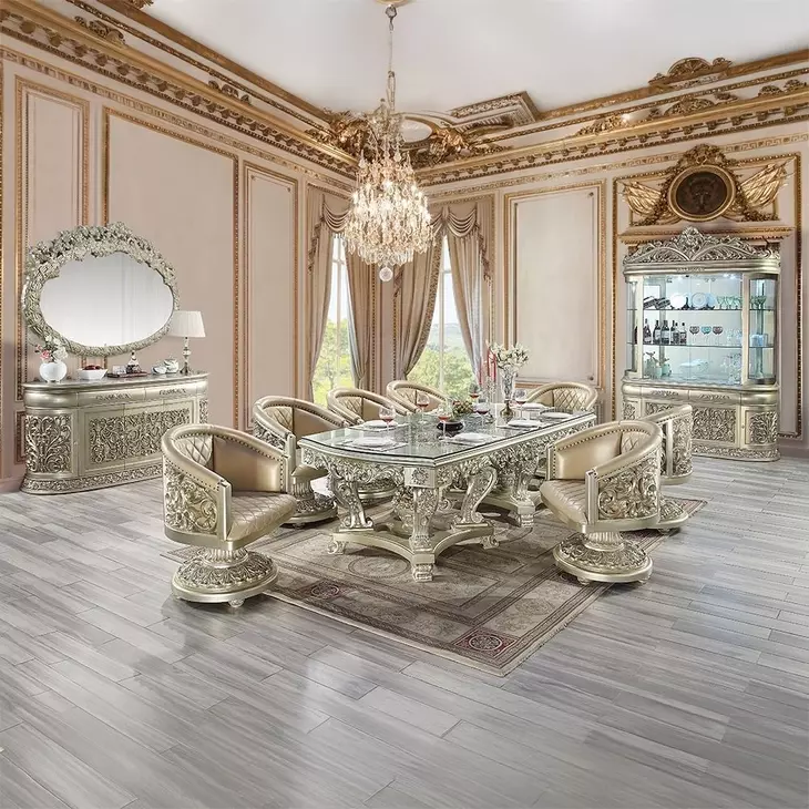 Sorina Antique Gold Rectangular Glass Top Dining Room Set