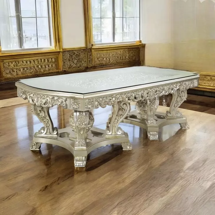 Sorina Antique Gold Rectangular Glass Top Dining Room Set