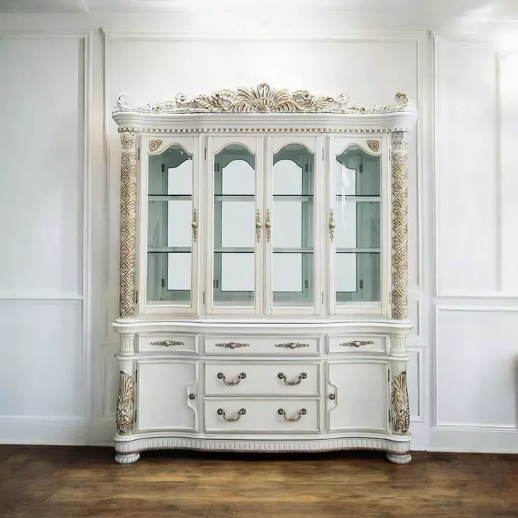 Vendome Antique Pearl 6 Door Buffet and Hutch with LED