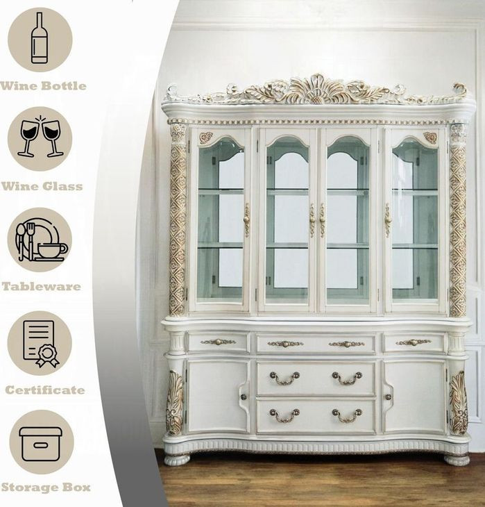 Vendome Antique Pearl 6 Door Buffet and Hutch with LED