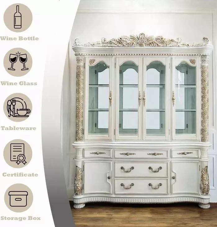 Vendome Antique Pearl 6 Door Buffet and Hutch with LED