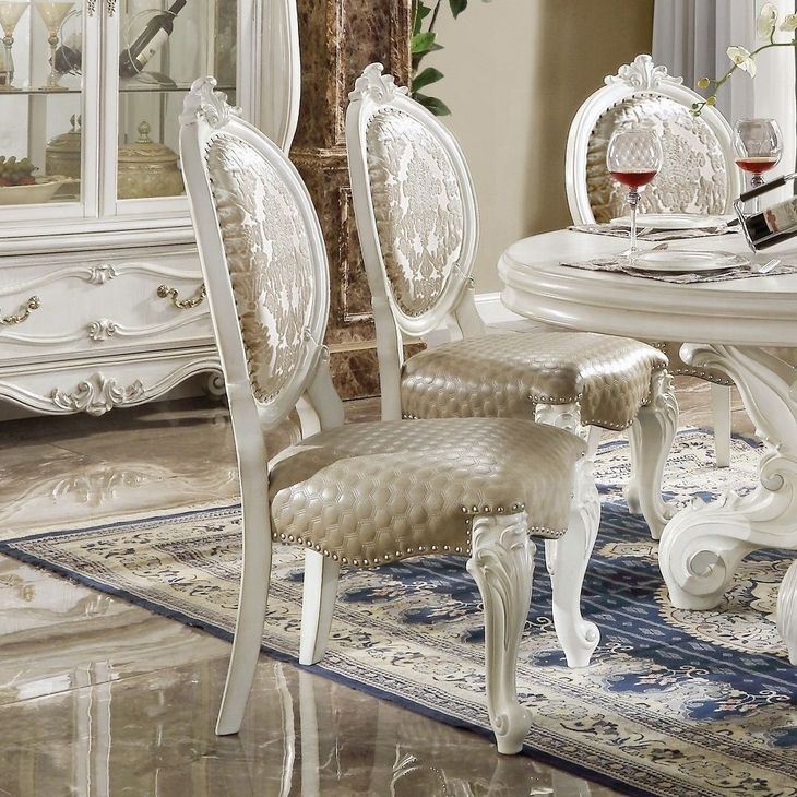 Versailles Bone White Upholstered Oval Back Side Chair with Nailhead Trim Set of 2