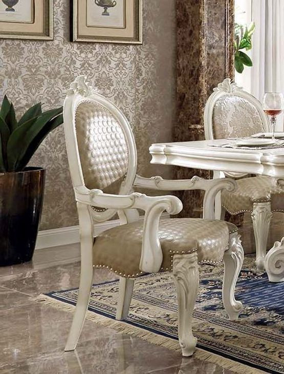 Versailles Bone White Upholstered Oval Back Arm Chair with Nailhead Trim Set of 2