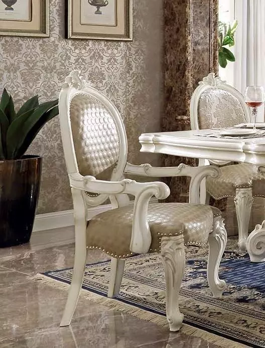 Versailles Bone White Upholstered Oval Back Arm Chair with Nailhead Trim Set of 2