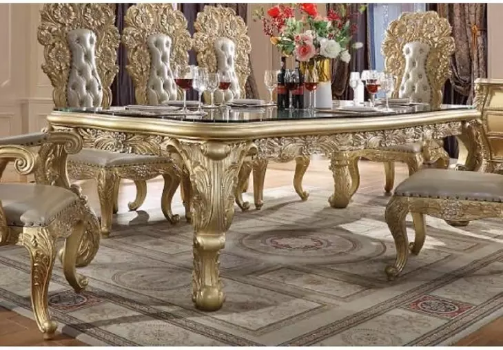 Cabriole Gold Rectangular Glass Top Dining Room Set