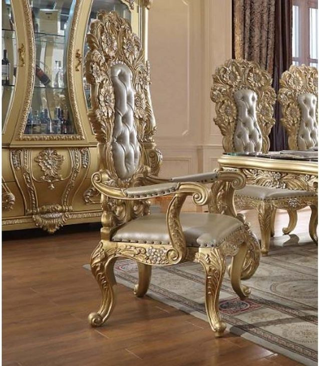 Cabriole Light Gold Upholstered Arm Chair with Nailhead Trim Set of 2